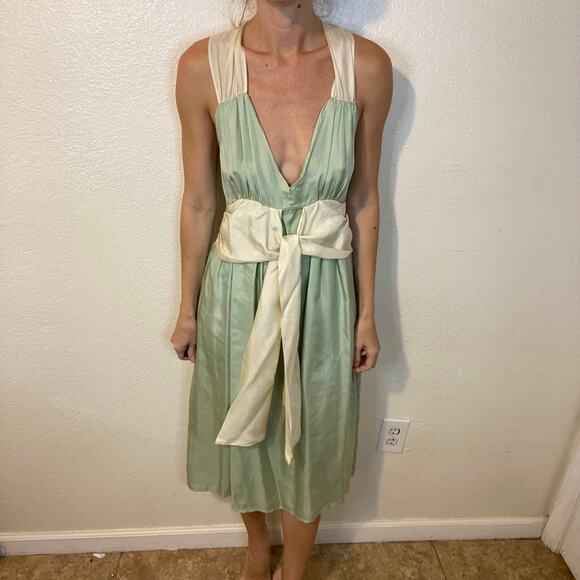Ruth 100% Silk Green/Cream Knee Length Dress W/ Bow Summer Party Size 6 - Picture 1 of 7